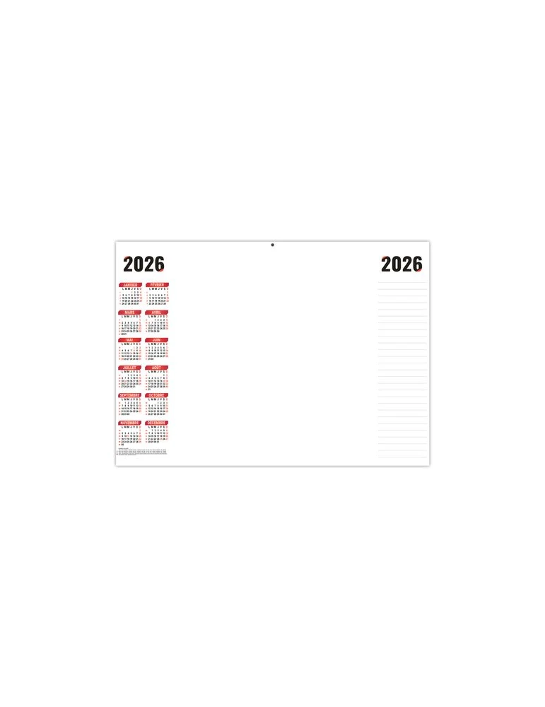 PLANNING SIMPLE 2026 - XXL 700X500 MM LEGER 400G - RECTO SEUL - SANS MARQUAGE