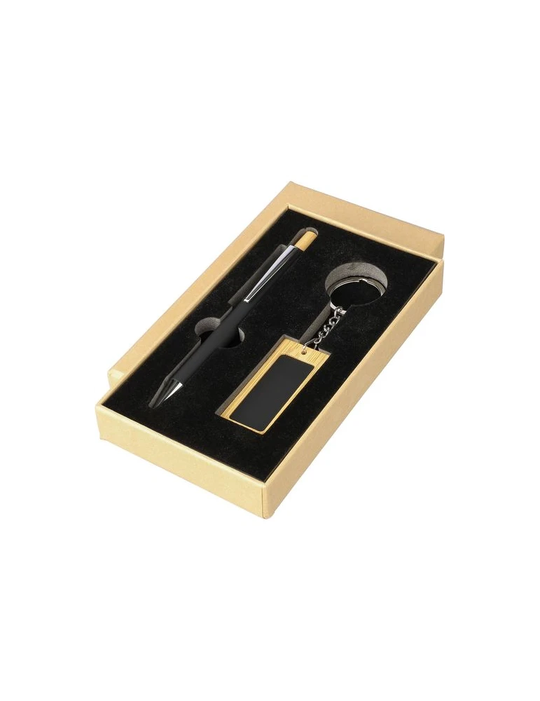 Coffret d’écriture en bambou Zaid Matières : acier inoxydable Couleurs : noir objet promotionnel éco-responsable