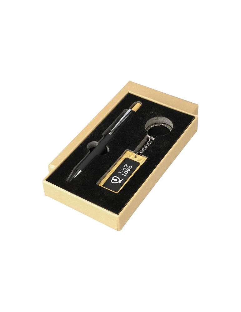 Coffret d’écriture en bambou Zaid Matières : acier inoxydable Couleurs : noir cadeau collaborateur premium