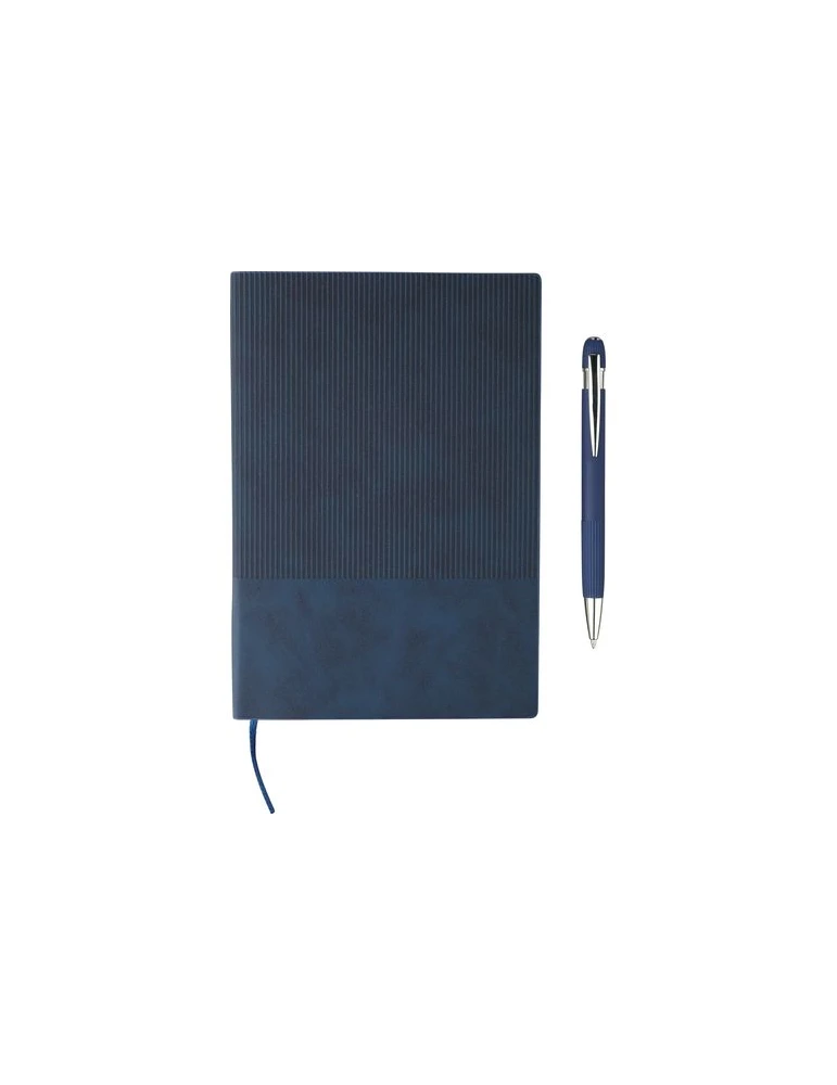 Ensemble carnet A5 et stylo à bille en PU recyclé Tarek Matières : aluminium Couleurs : bleu accessoire événementiel unique