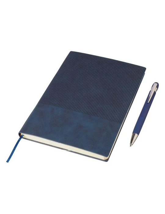 Ensemble carnet A5 et stylo à bille en PU recyclé Tarek Matières : aluminium Couleurs : bleu goodies publicitaire événementiel