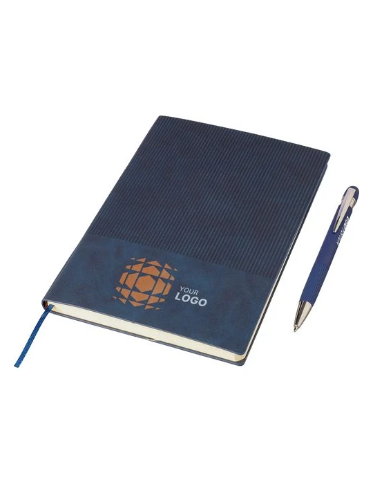 Ensemble carnet A5 et stylo à bille en PU recyclé Tarek Matières : aluminium Couleurs : bleu livraison express 24h 48h