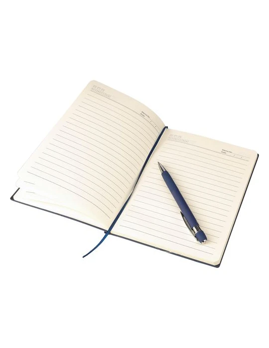 Ensemble carnet A5 et stylo à bille en PU recyclé Tarek Matières : aluminium Couleurs : bleu cadeau collaborateur premium
