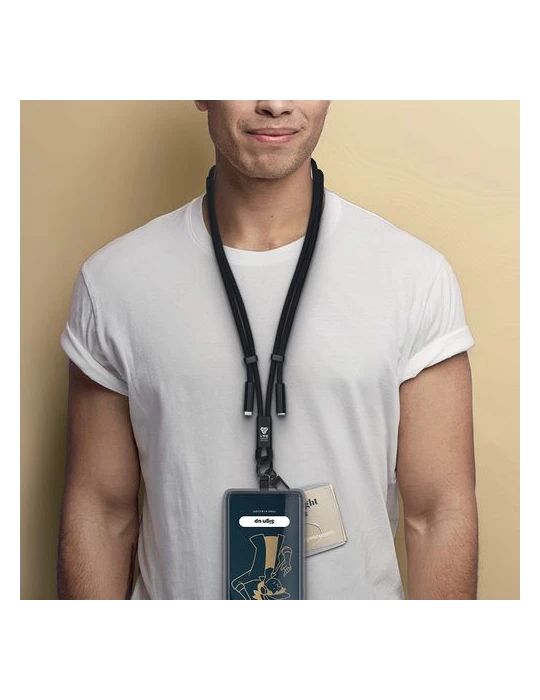 CÂBLE DE CHARGE LANYARD LONGUEUR RÉGLABLE POUR TÉLÉPHONE Matières : alliage d'aluminium Couleurs : noir goodies publicitaire évé