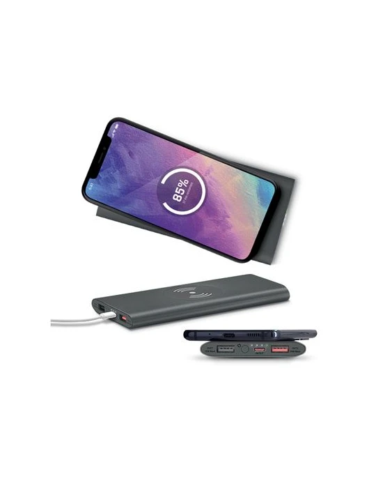 BATTERIE EXTERNE Li-po 8000 mAh ET CHARGEUR PAR INDUCTION 15W Matières : aluminium Couleurs : anthracite goodies publicitaire év