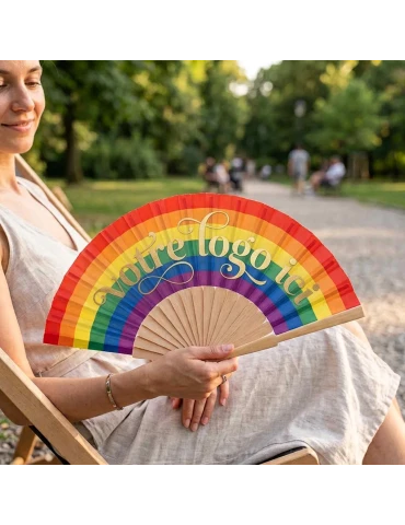 Éventail en bois personnalisé arc-en-ciel publicitaire BOWFAN