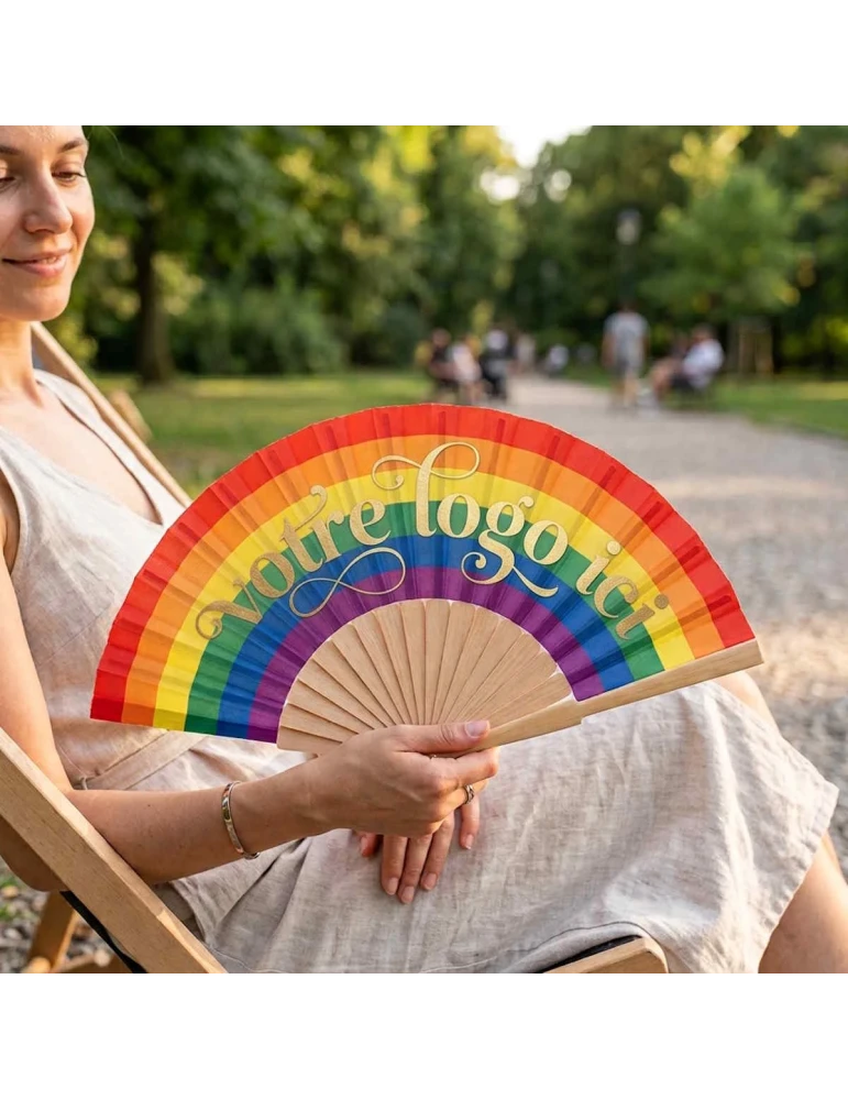 Éventail en bois personnalisé arc-en-ciel publicitaire BOWFAN