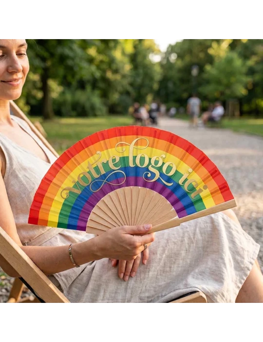 Éventail en bois personnalisé arc-en-ciel publicitaire BOWFAN
