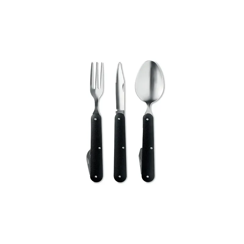 Couverts de camping personnalisés - 3 services Matières : polypropylène (PP) Couleurs : noir goodies publicitaire événementiel