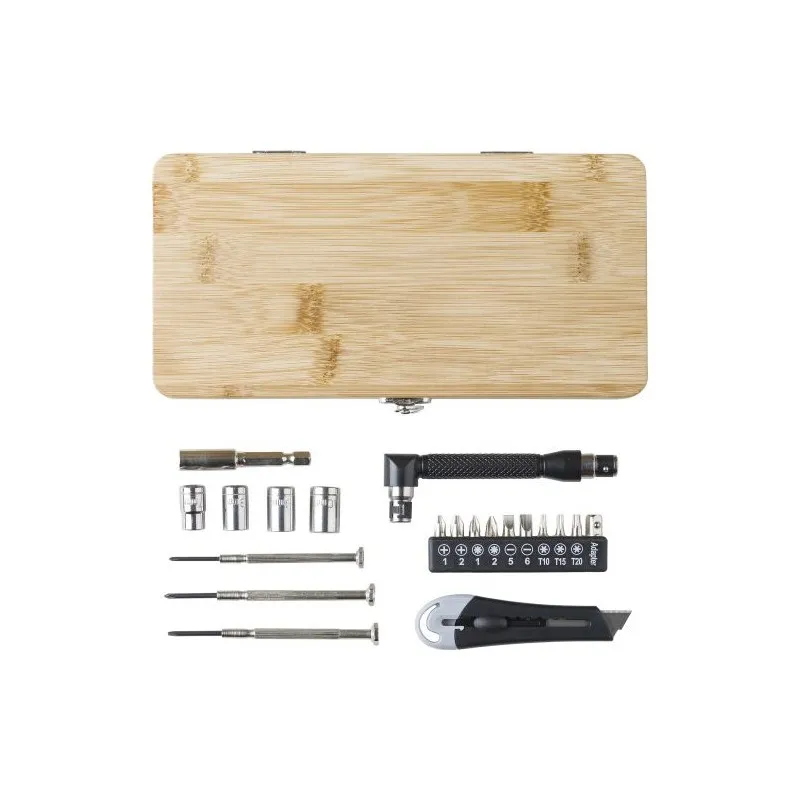 Boîte à outils écologique de 27 pièces en bambou Elmar Matières : acier inoxydable Couleurs : argenté mat goodies publicitaire é