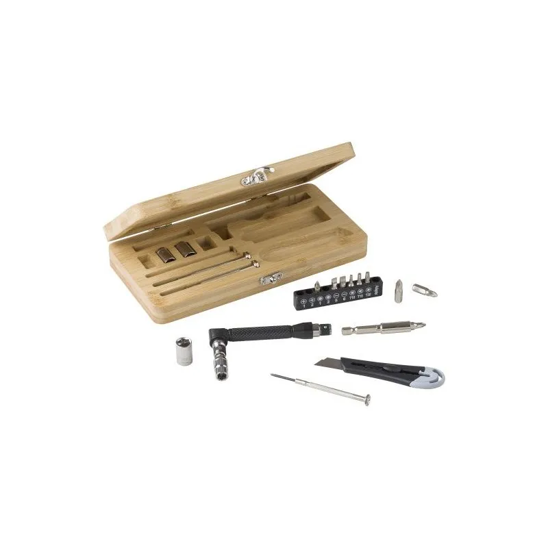 Boîte à outils écologique de 27 pièces en bambou Elmar Matières : acier inoxydable Couleurs : argenté mat impression haute défin