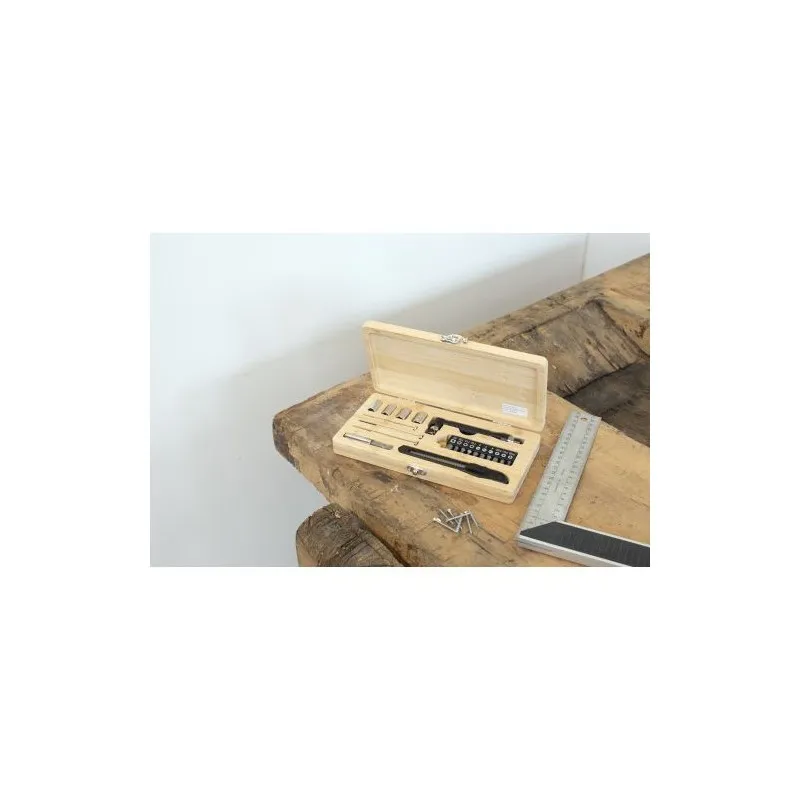 Boîte à outils écologique de 27 pièces en bambou Elmar Matières : acier inoxydable Couleurs : argenté mat marquage laser ultra p