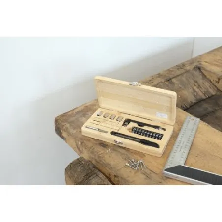 Boîte à outils écologique de 27 pièces en bambou Elmar Matières : acier inoxydable Couleurs : argenté mat marquage laser ultra p