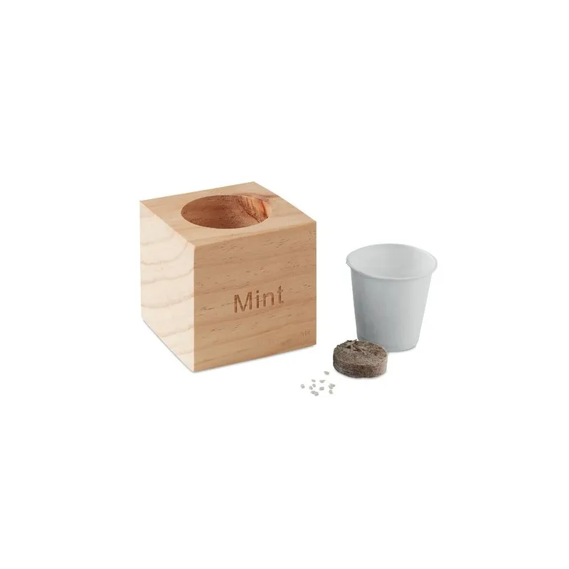 Pot en bois personnalisé avec graine de menthe MENTA Couleurs : bois personnalisable avec votre logo