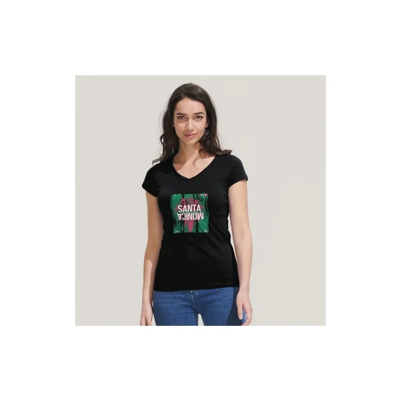 T-shirt Femme Col V Personnalisé Confortable 100% Coton pas cher - MOON Taille textile : XS Couleurs : noir objet publicitaire r