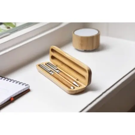 Parure Écriture Écologique en Bambou : Stylo Bille et Roller Addie Matières : bois Couleurs : vert impression haute définition